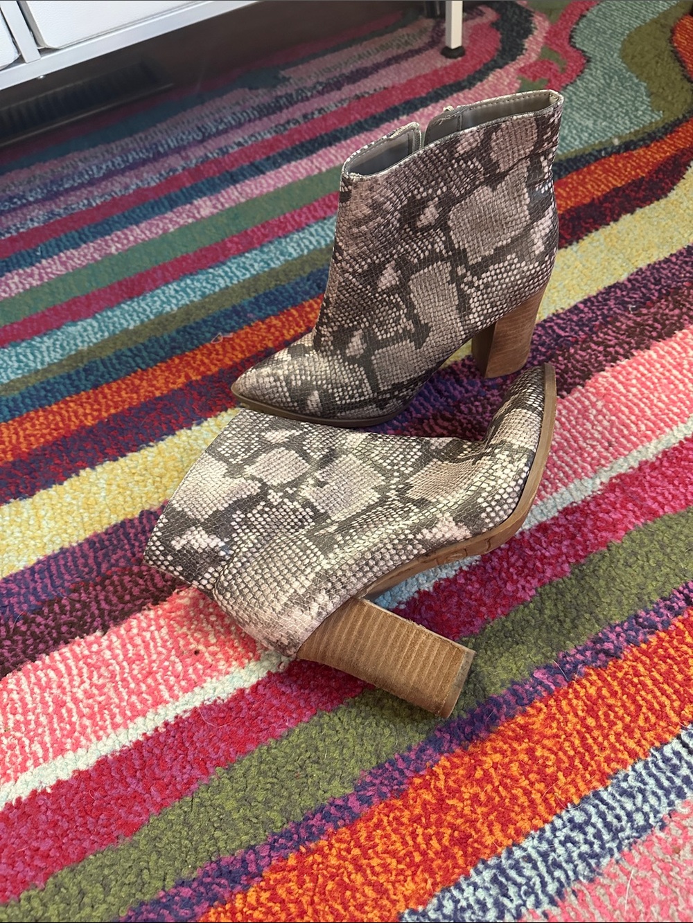 Carlos by Carlos Santana Taupe Snake-Print Pointed Toe Block Heel Booties